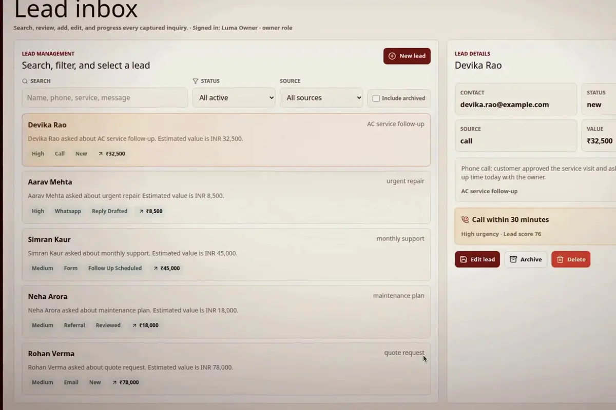 Luma lead inbox with detail panel